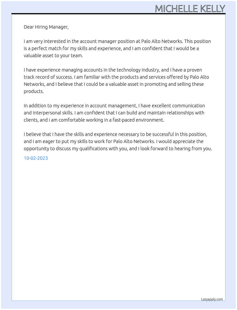 Account Manager At Palo Alto Networks Cover Letter
