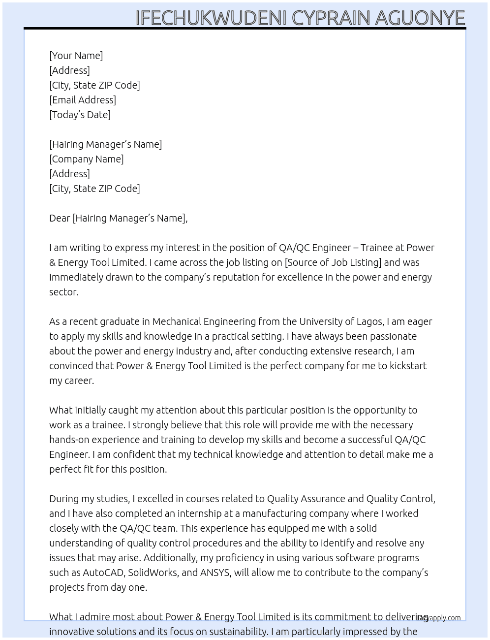 QA/QC Engineer - Trainee At Power & energy tool limited  Cover Letter
