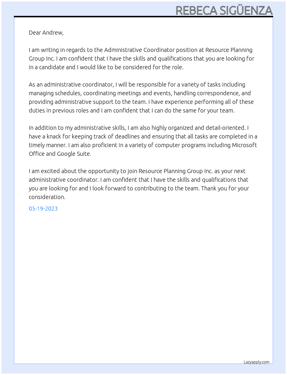 Administrative Coordinator At Resource Planning Group Inc. Cover Letter