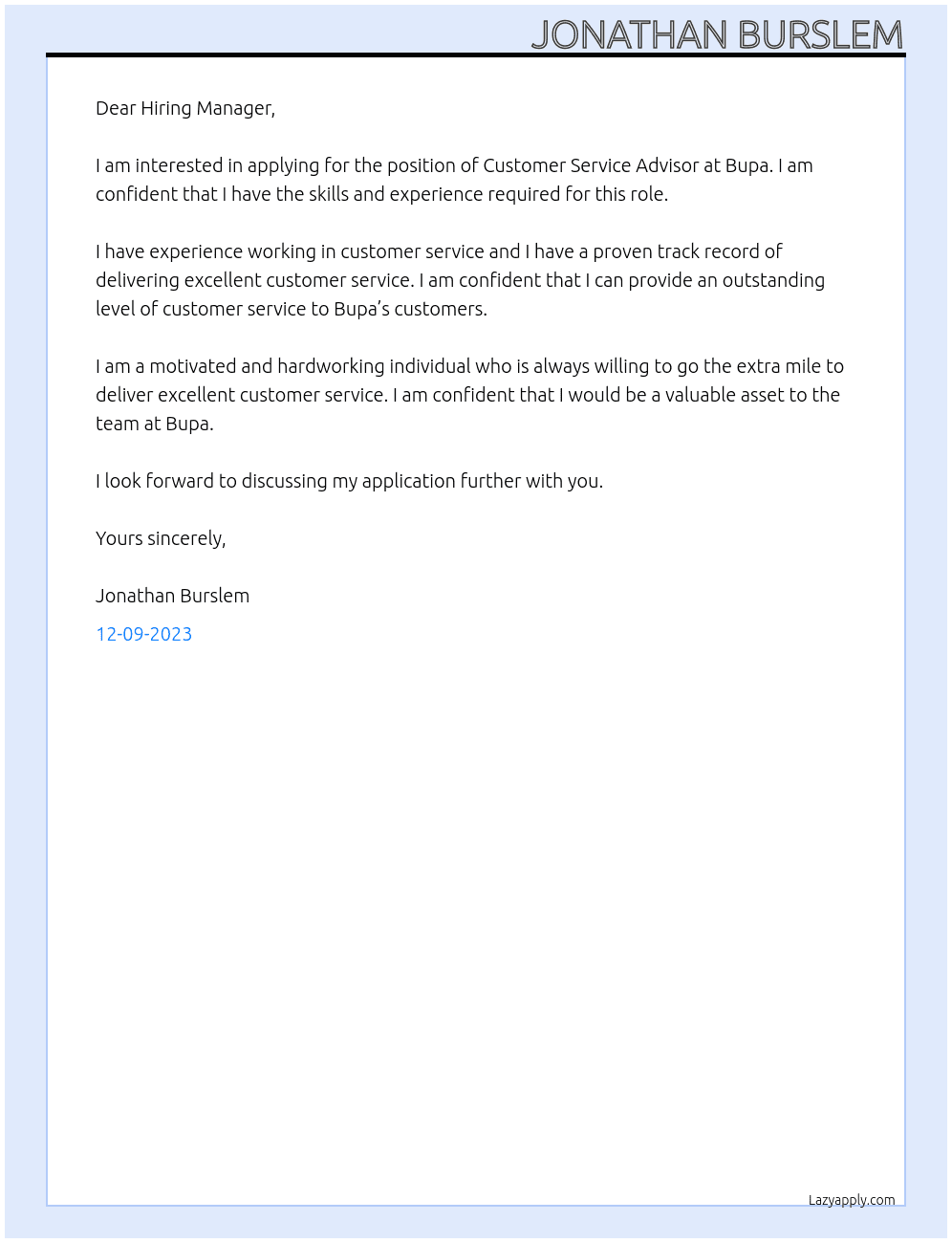 Customer Service Advisor At Bupa Cover Letter