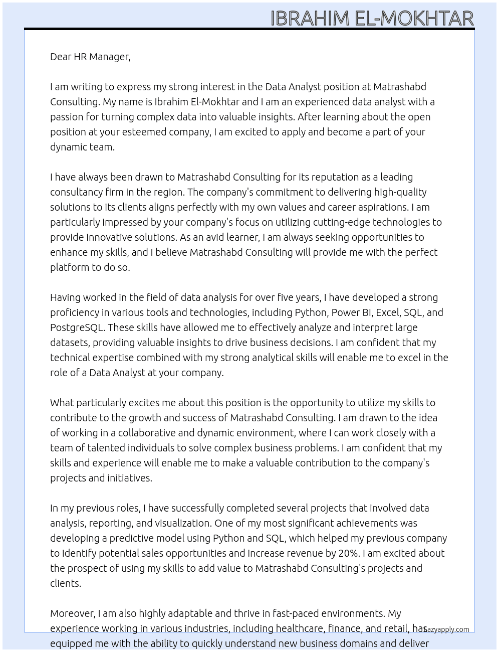 data analyst At Matrashabd Consulting Cover Letter