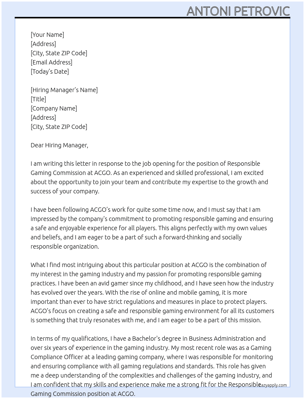 responsible gaming comission  At ACGO Cover Letter