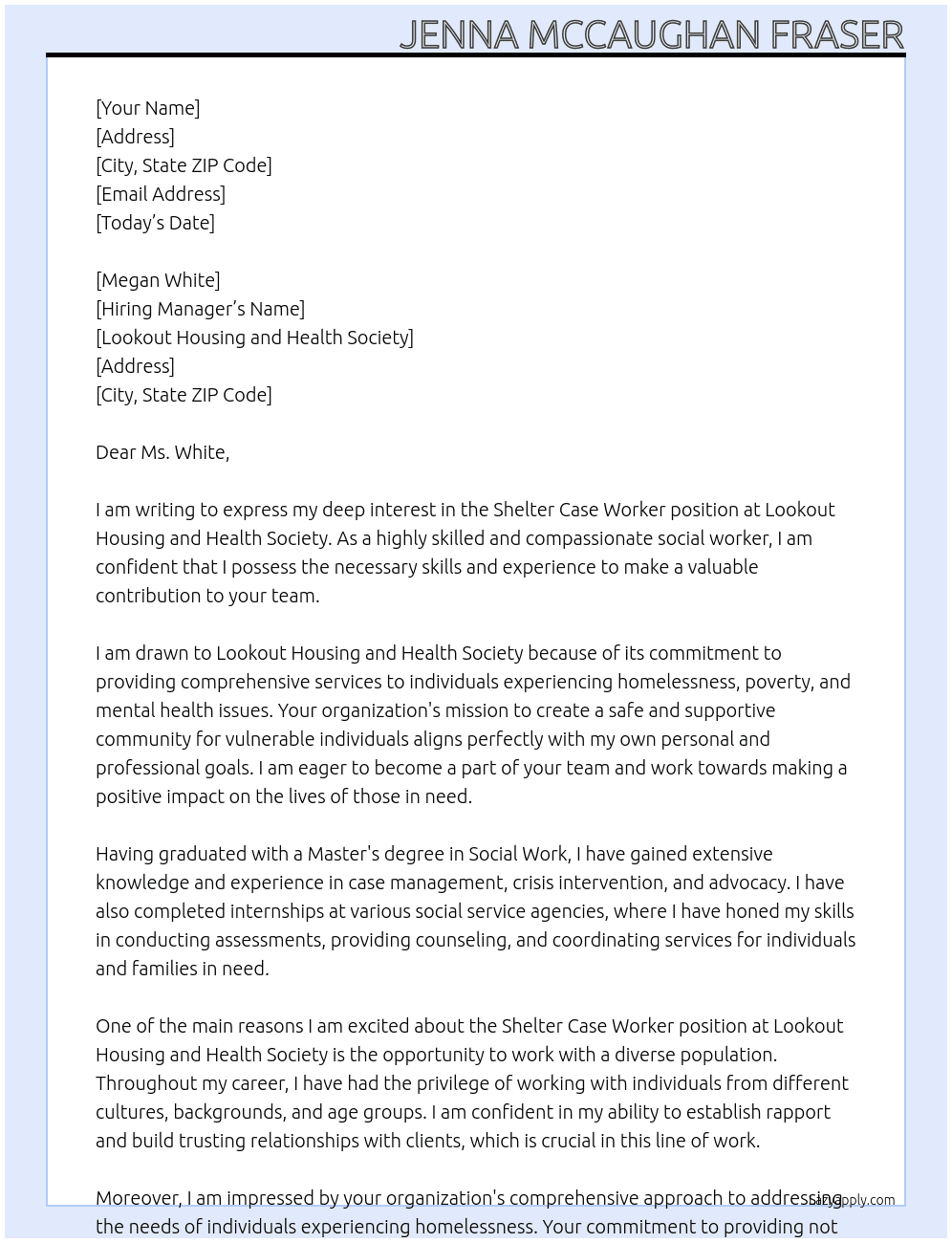 shelter case worker At Lookout Housing and Health Society Cover Letter