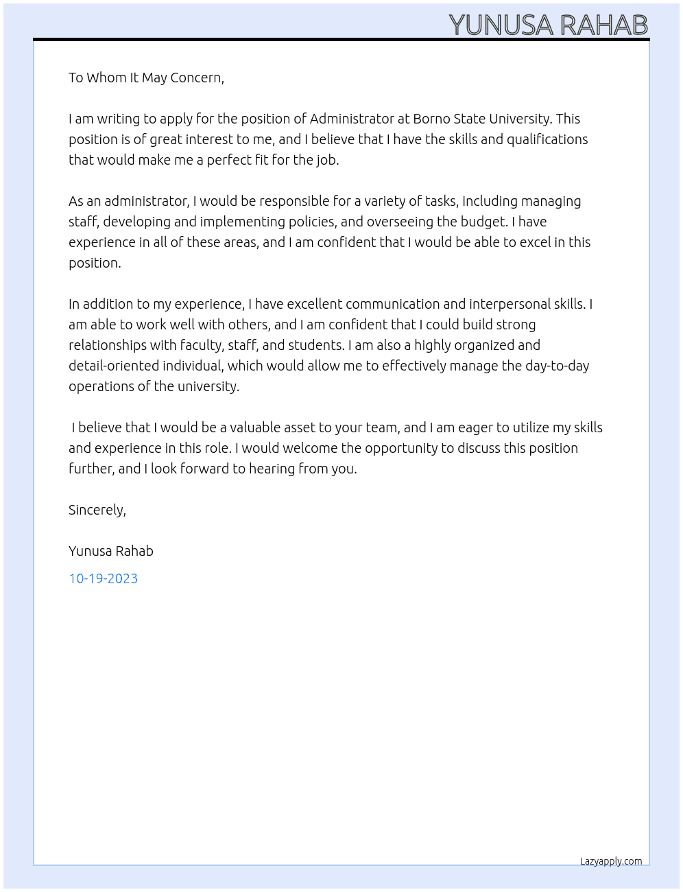 Administrator At Borno state University Cover Letter