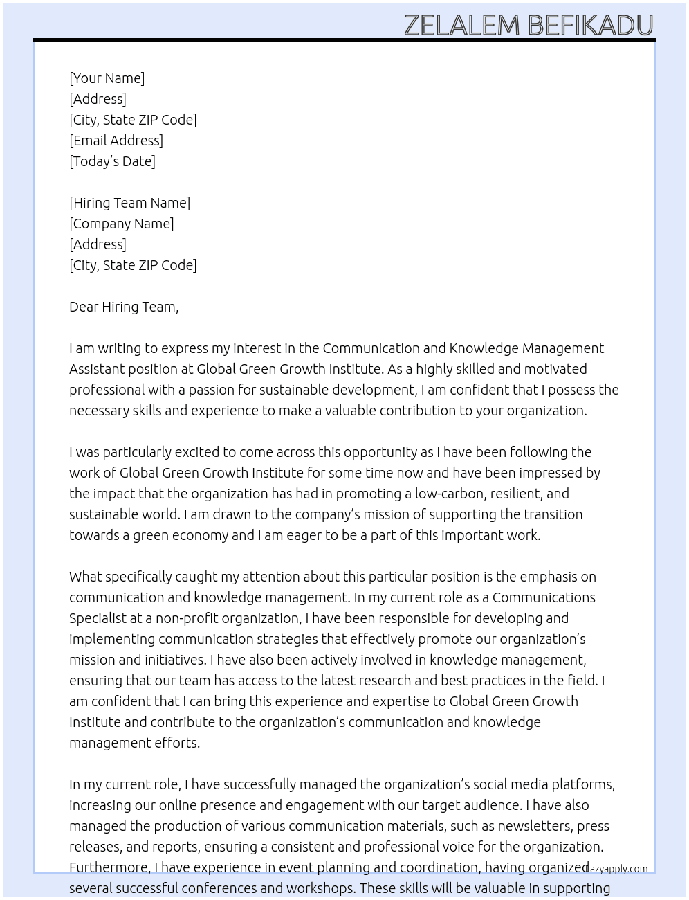 Communica tion and Knowledge Management Assistant At Global Green Growth Institute Cover Letter