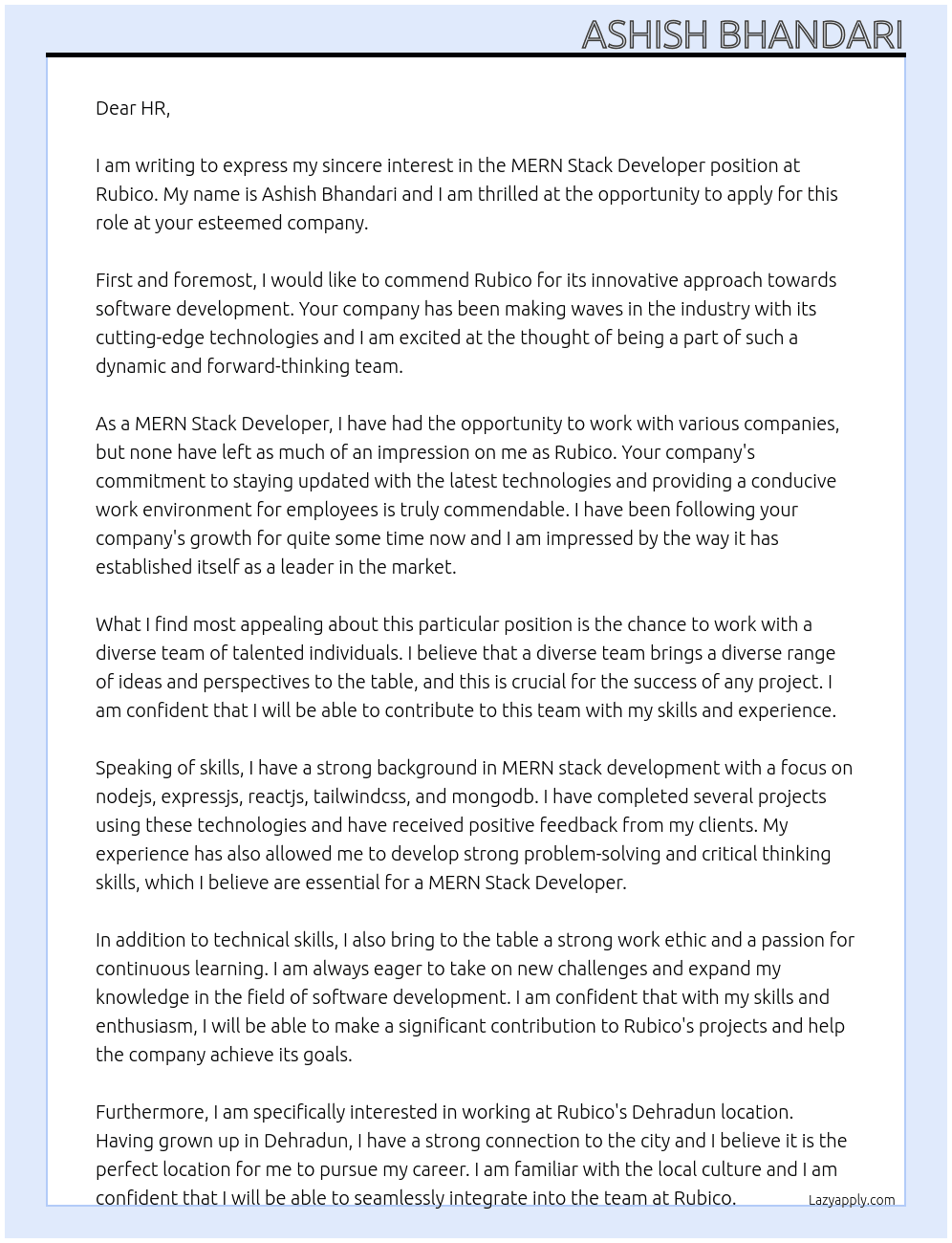 MERN STACK DEVELOPER At Rubico Cover Letter