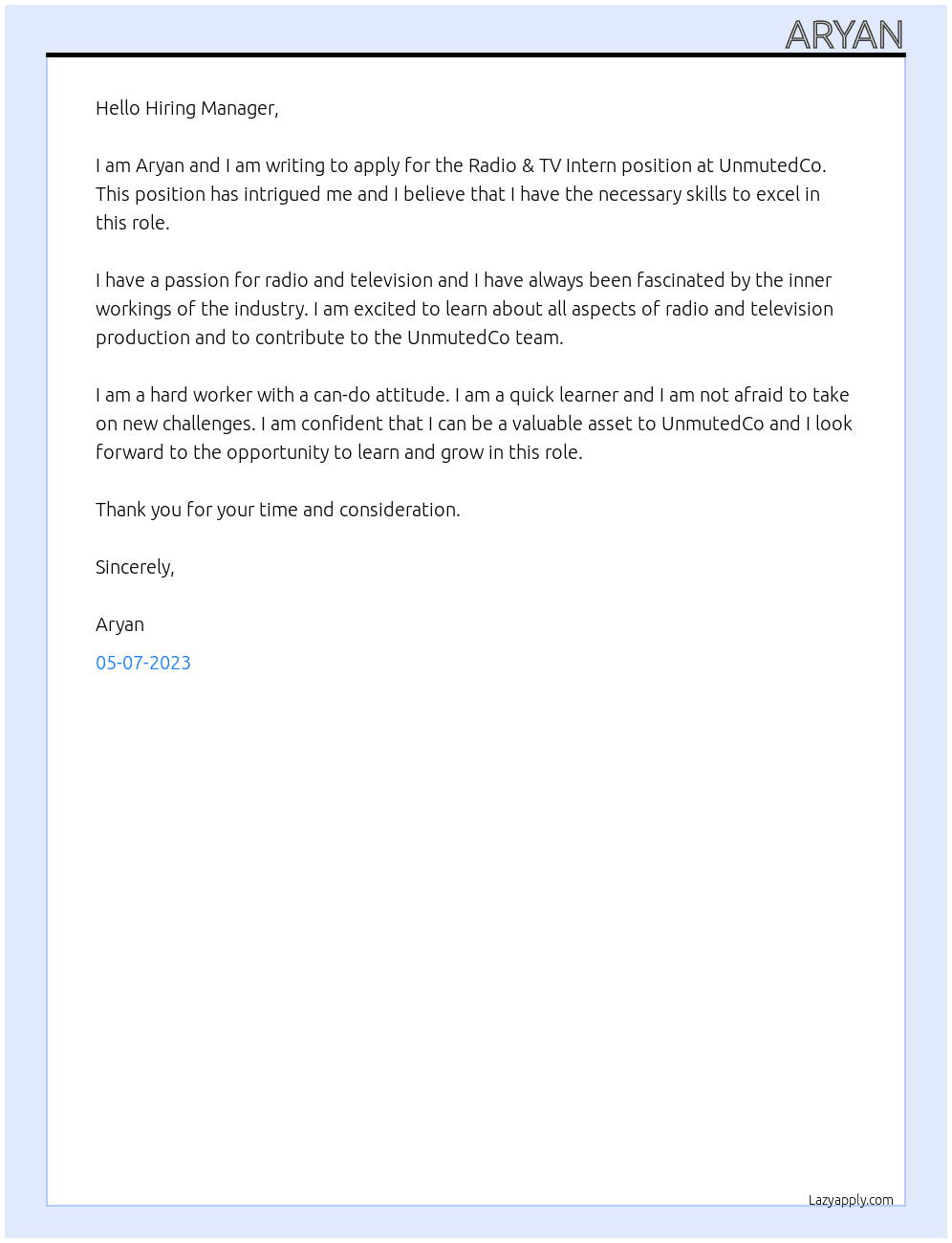 Radio & TV Intern At UnmutedCo. Cover Letter