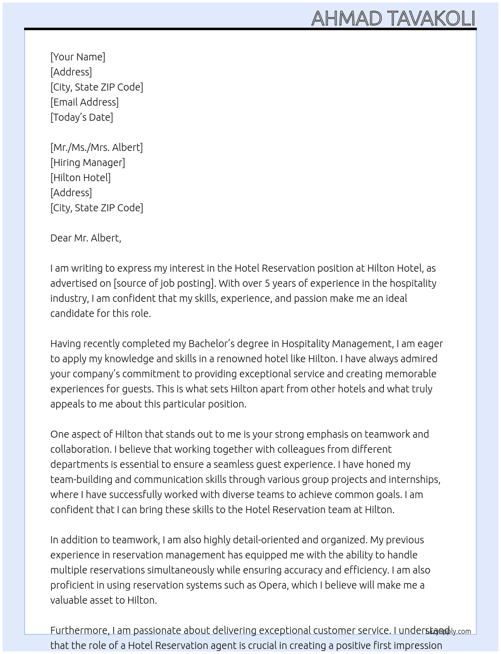 Hotel Reservation At Hilton Hotel Cover Letter