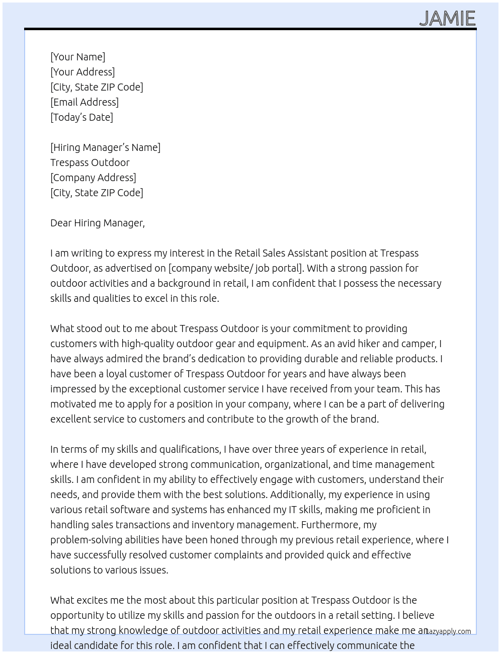 Retail Sales Assistant  At Trespass Outdoor  Cover Letter