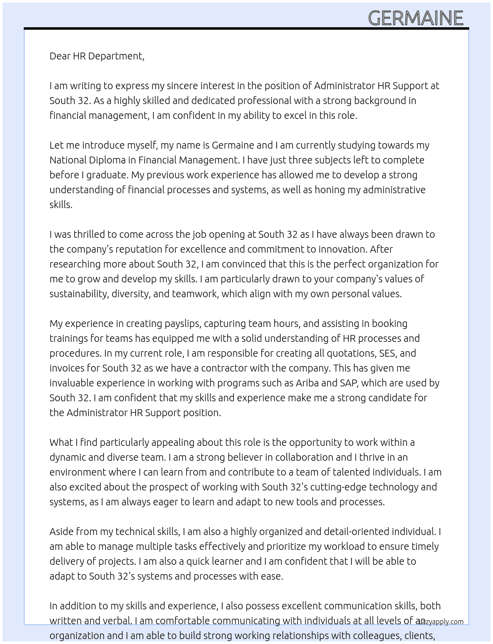 Adminstrator Hr Support At South 32 Cover Letter