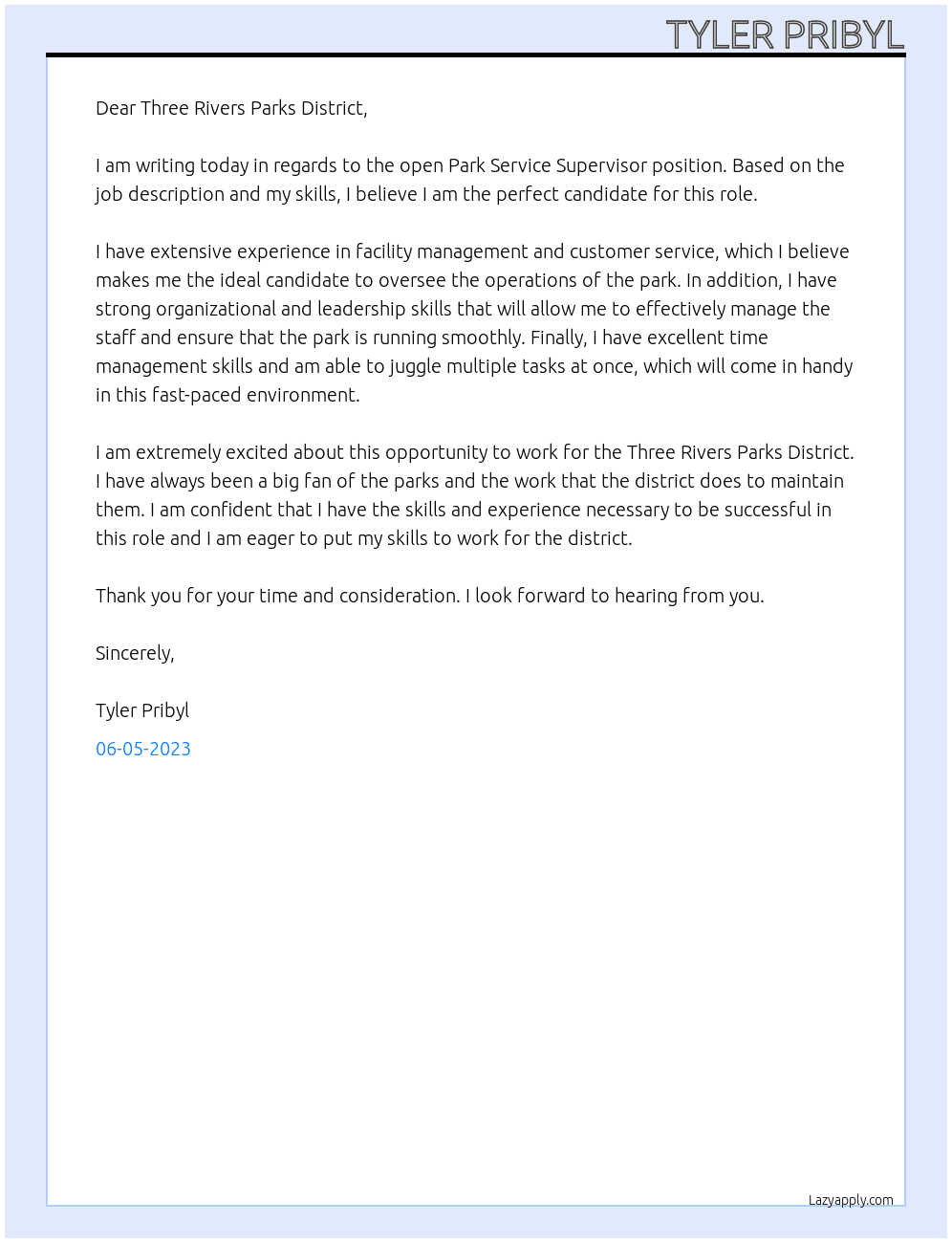 Park Service Supervisor At Three Rivers Parks District Cover Letter