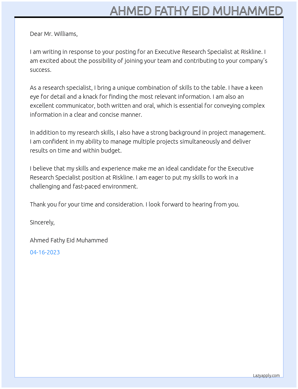 executive research specialist At Riskline Cover Letter