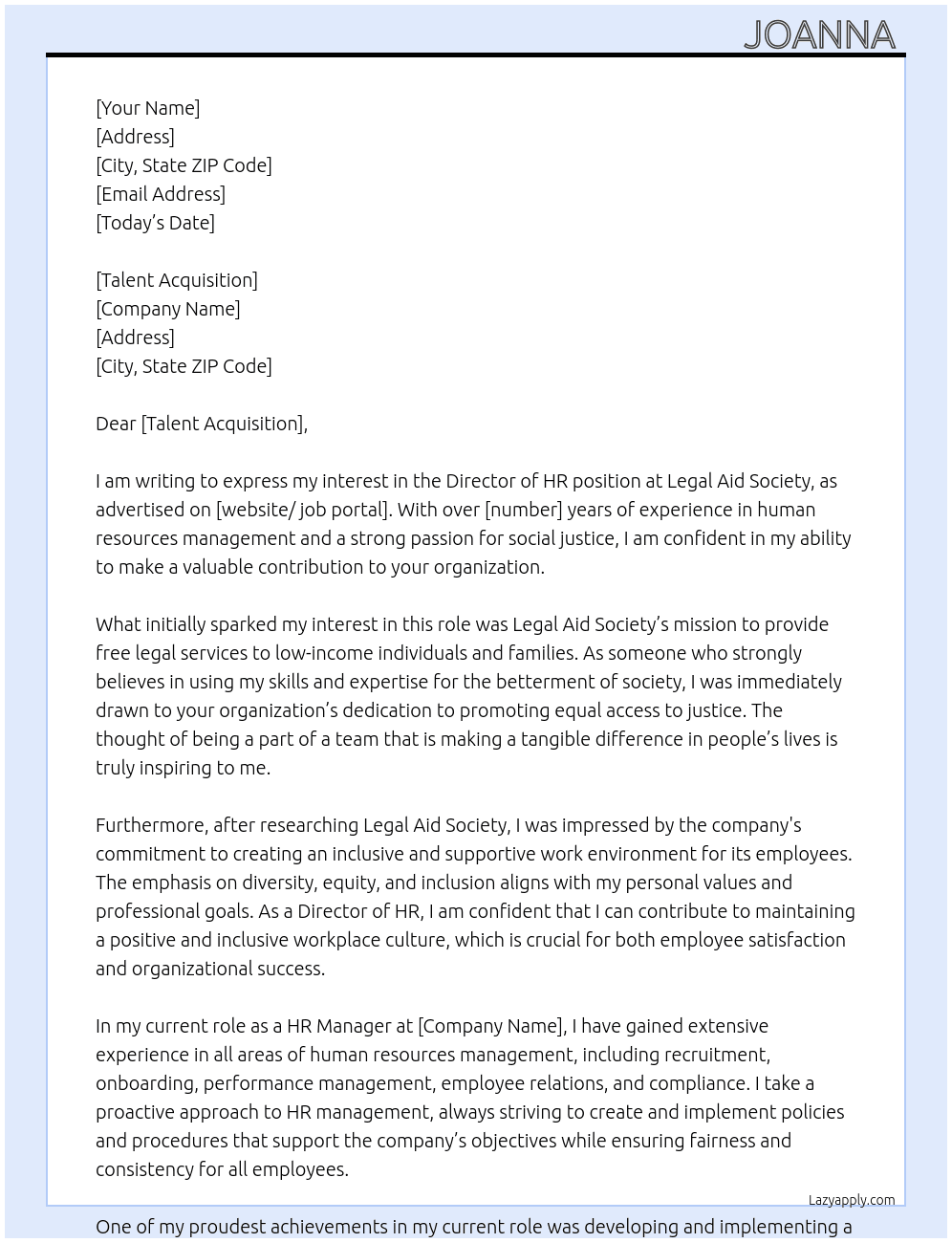 Director of hr At Legal aid society Cover Letter