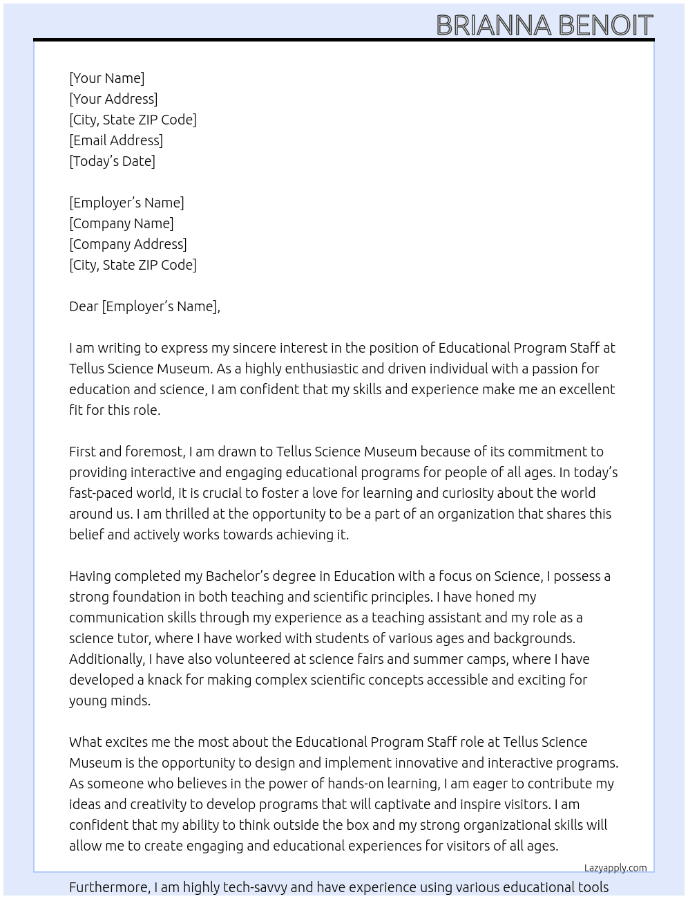 Educational Program Staff At Tellus Science Museum  Cover Letter