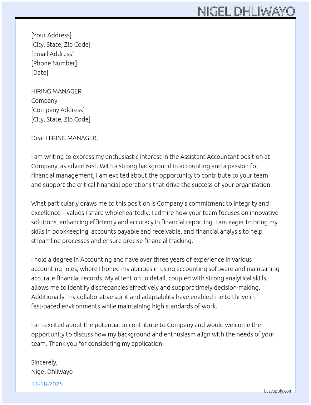 ASSISTANT ACCOUNTANT At company Cover Letter