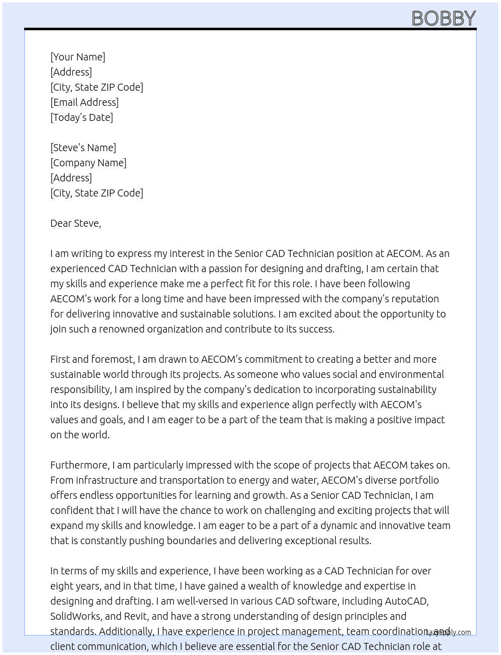 Senior CAD Technician At AECOM Cover Letter