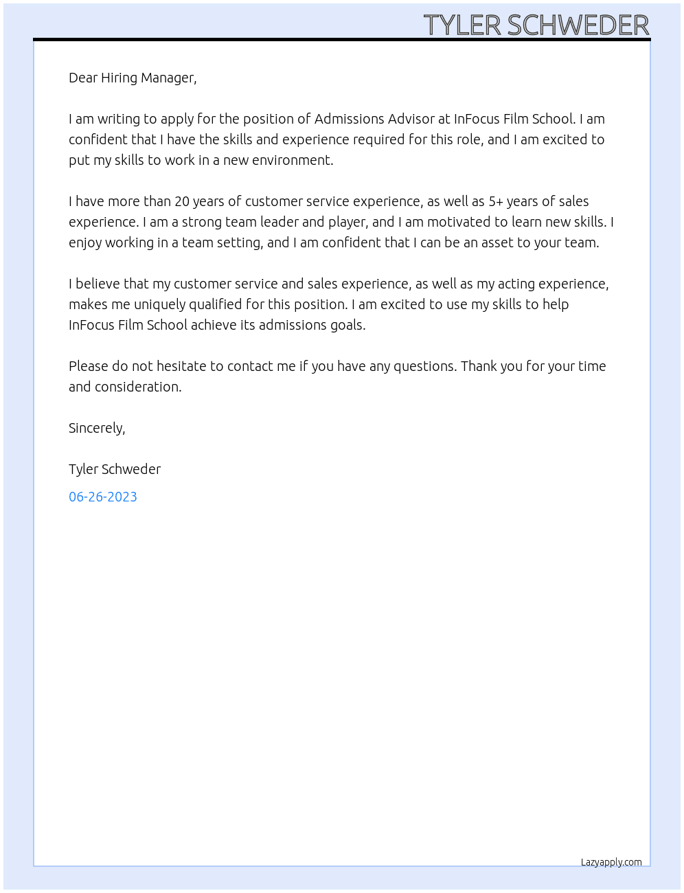 Admissions Advisor (sales) At InFocus Film School Cover Letter