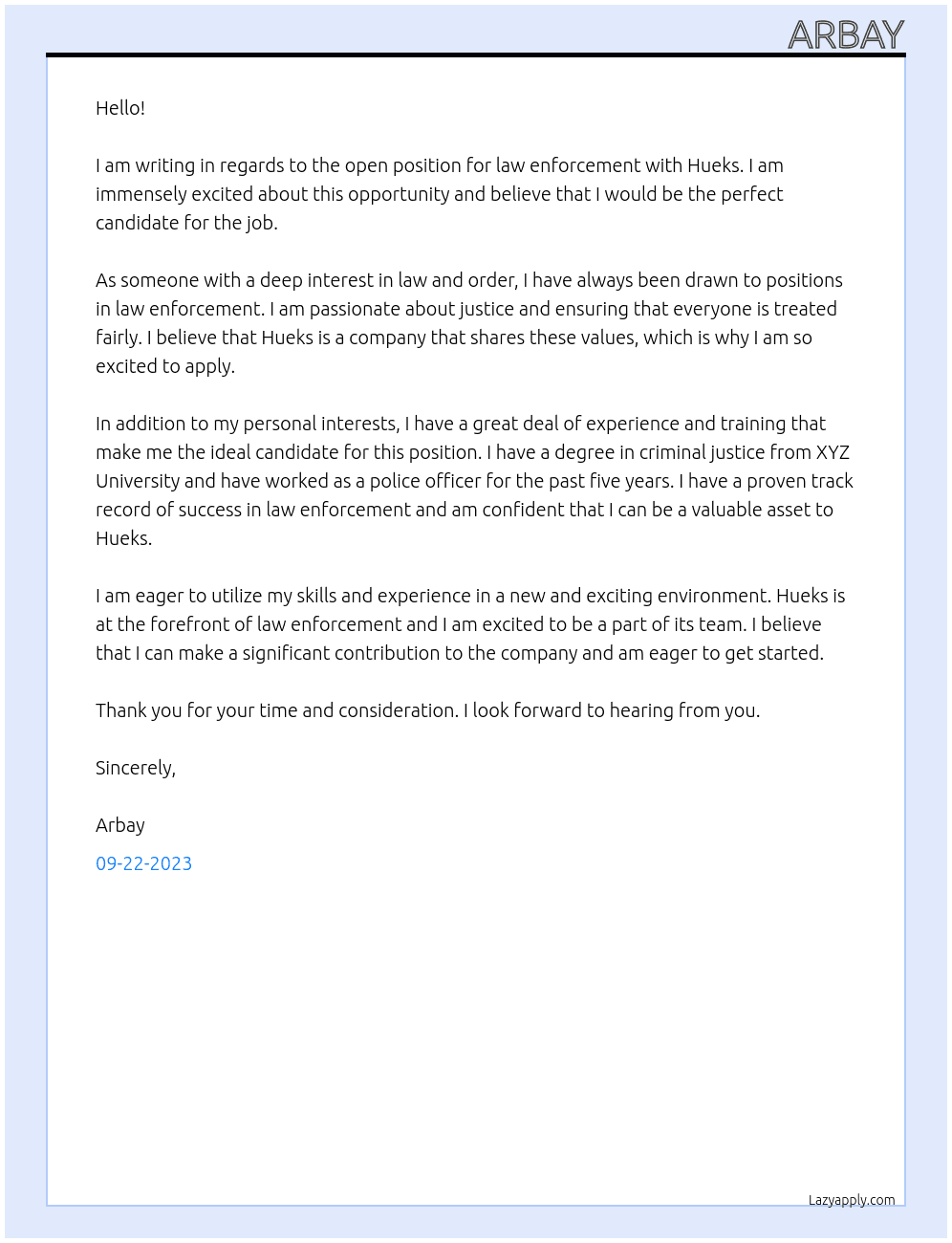 Law enforcement  At Hueks Cover Letter