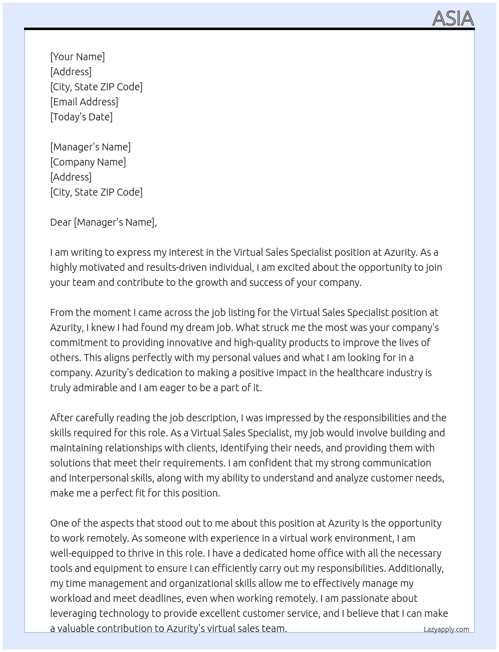 Virtual Sales Specialist At Azurity Cover Letter