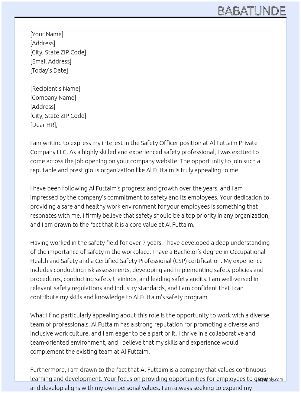 Safety Officer| At Al Futtaim Private Company LLC Cover Letter
