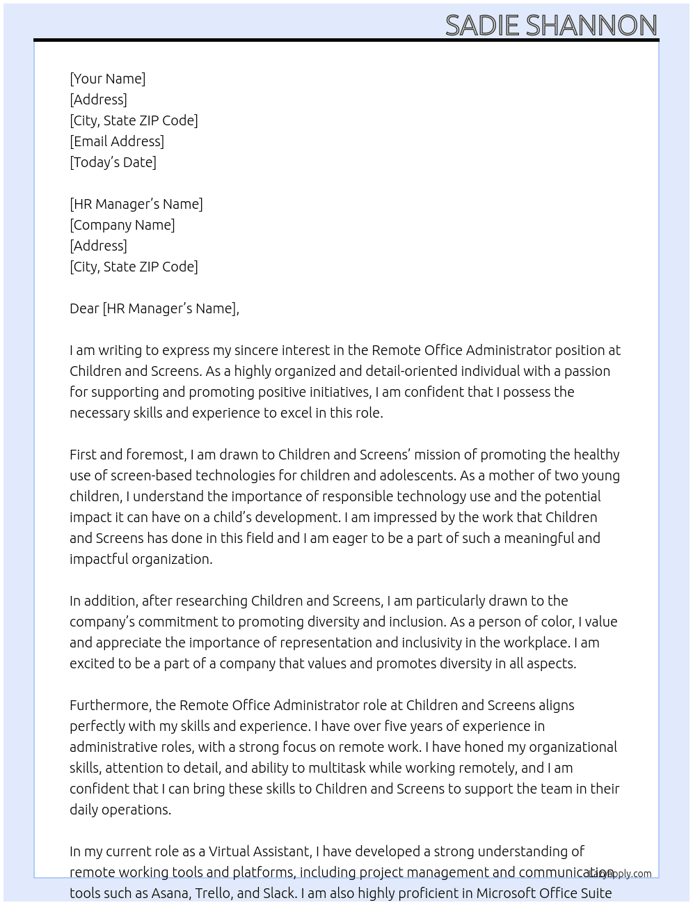 Remote Office Administrator At Children and Screens Cover Letter