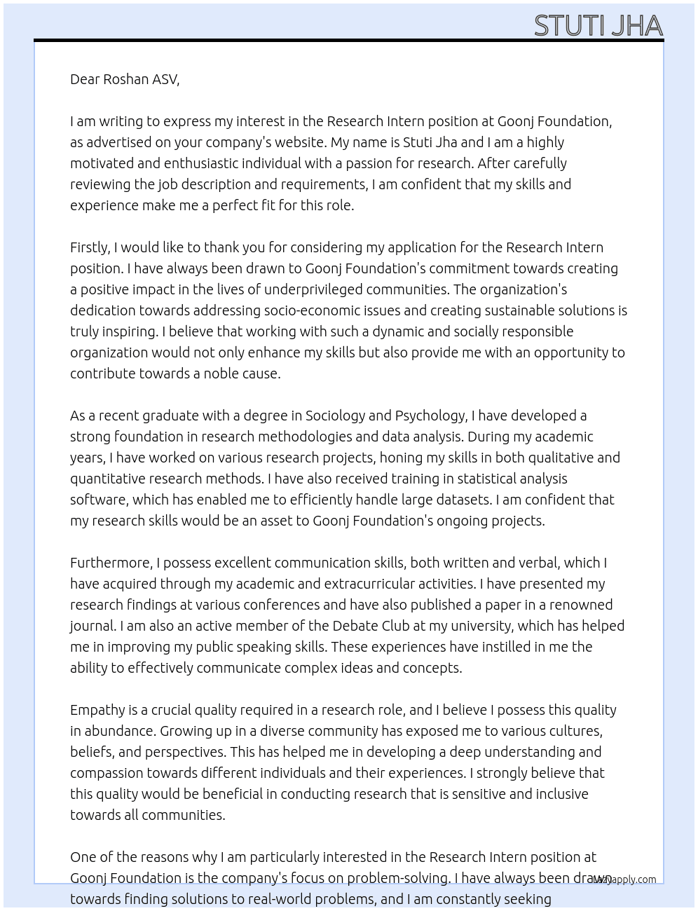 Research Intern At Goonj Foundation Cover Letter