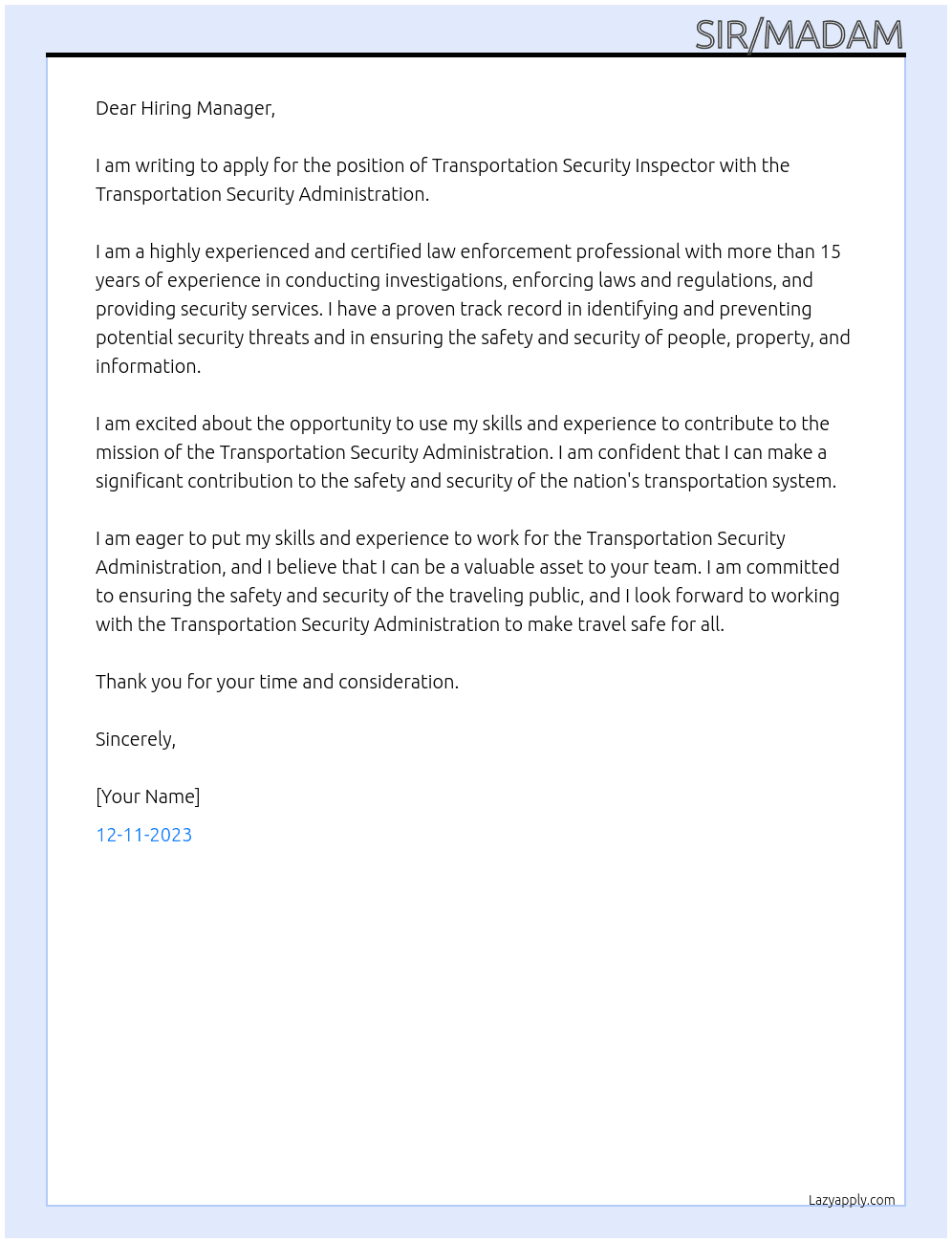 Transportation Security Inspector At Transportation Security Administration Cover Letter