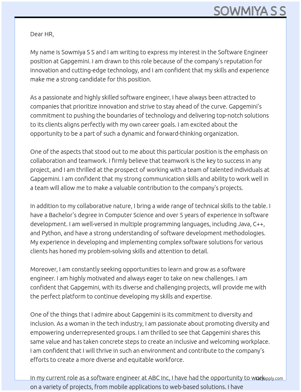 Software Engineer  At Gapgemini Cover Letter