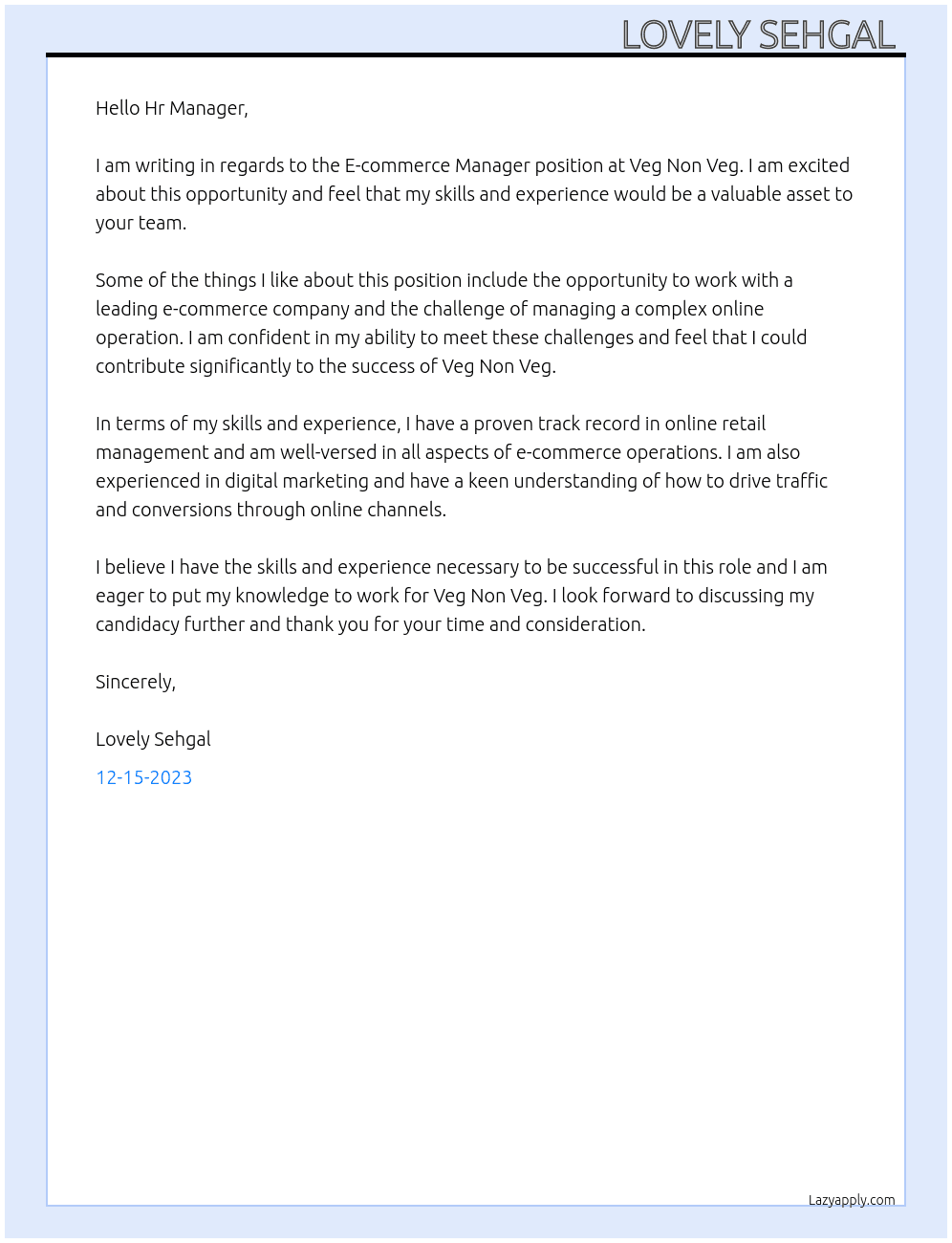 E-commerce Manager At Veg Non Veg Cover Letter