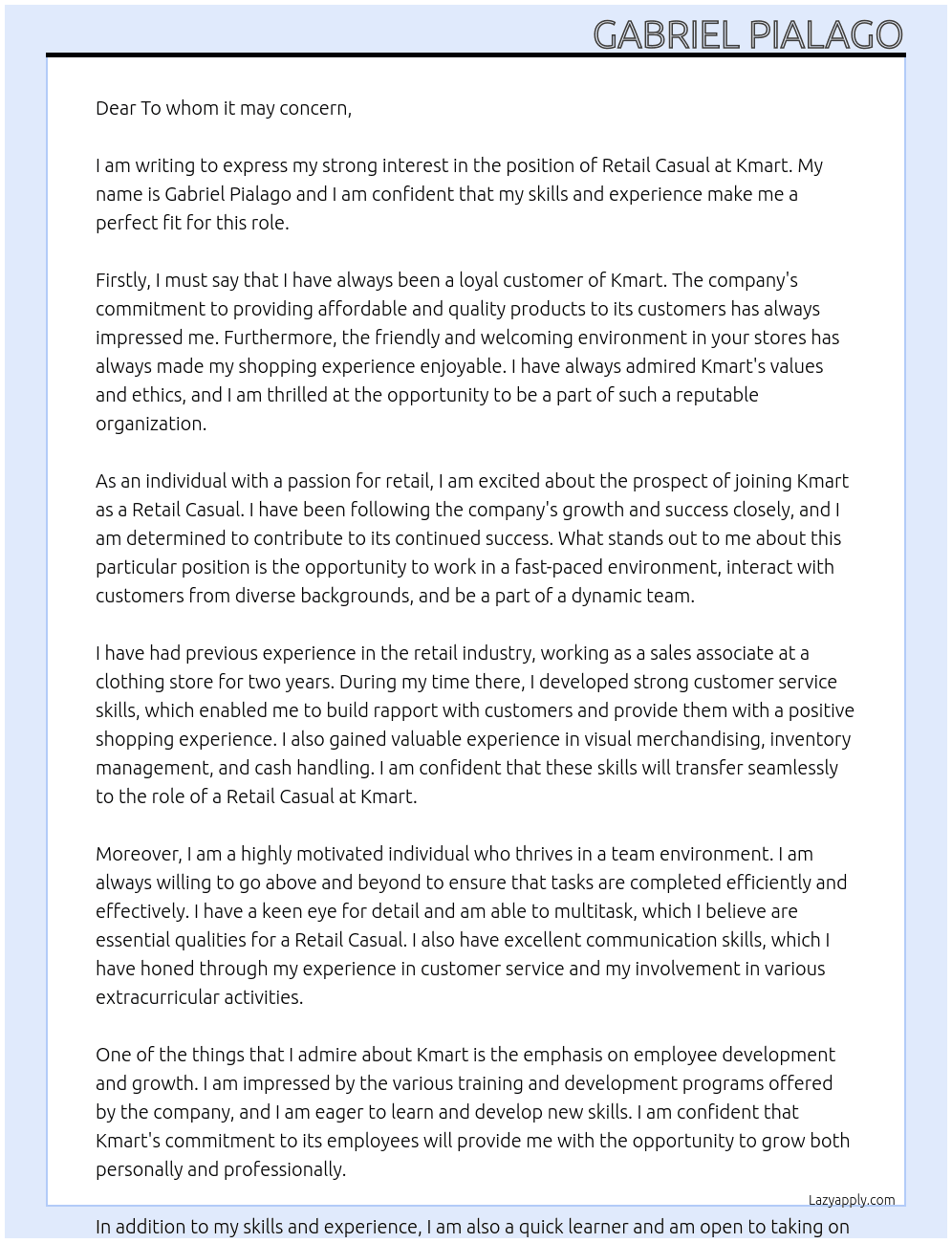 retail casual At Kmart Cover Letter