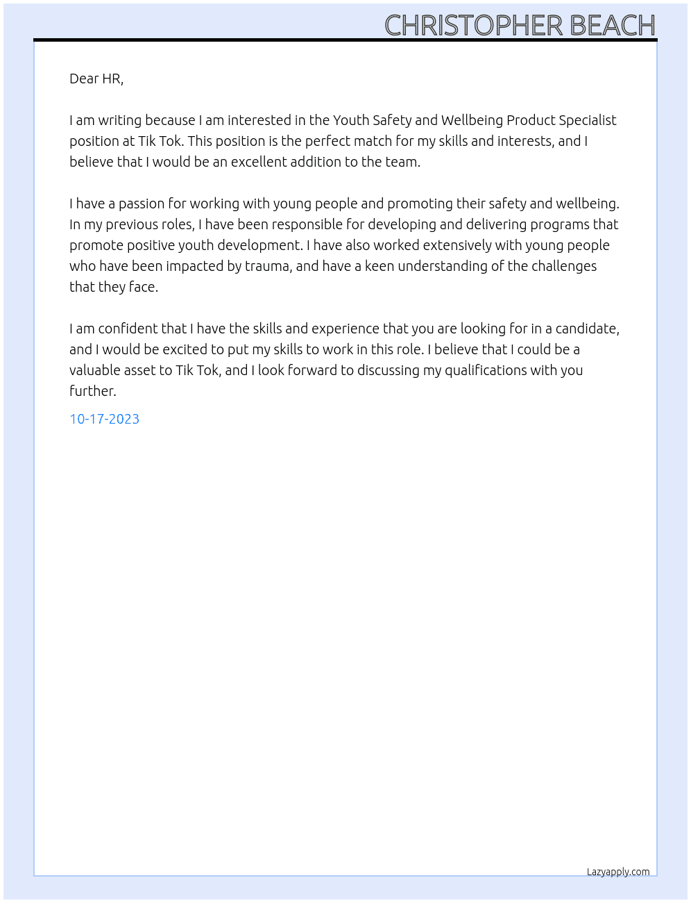 Youth Safety and Wellbeing Product Specialist At Tik Tok Cover Letter