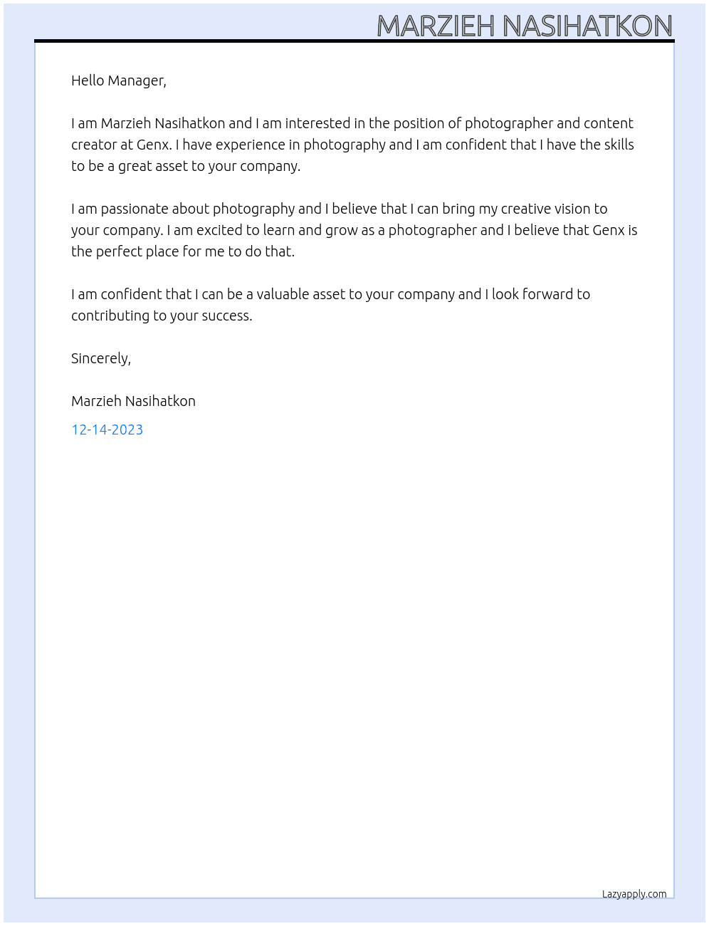 photogerapher and content creator At genx Cover Letter