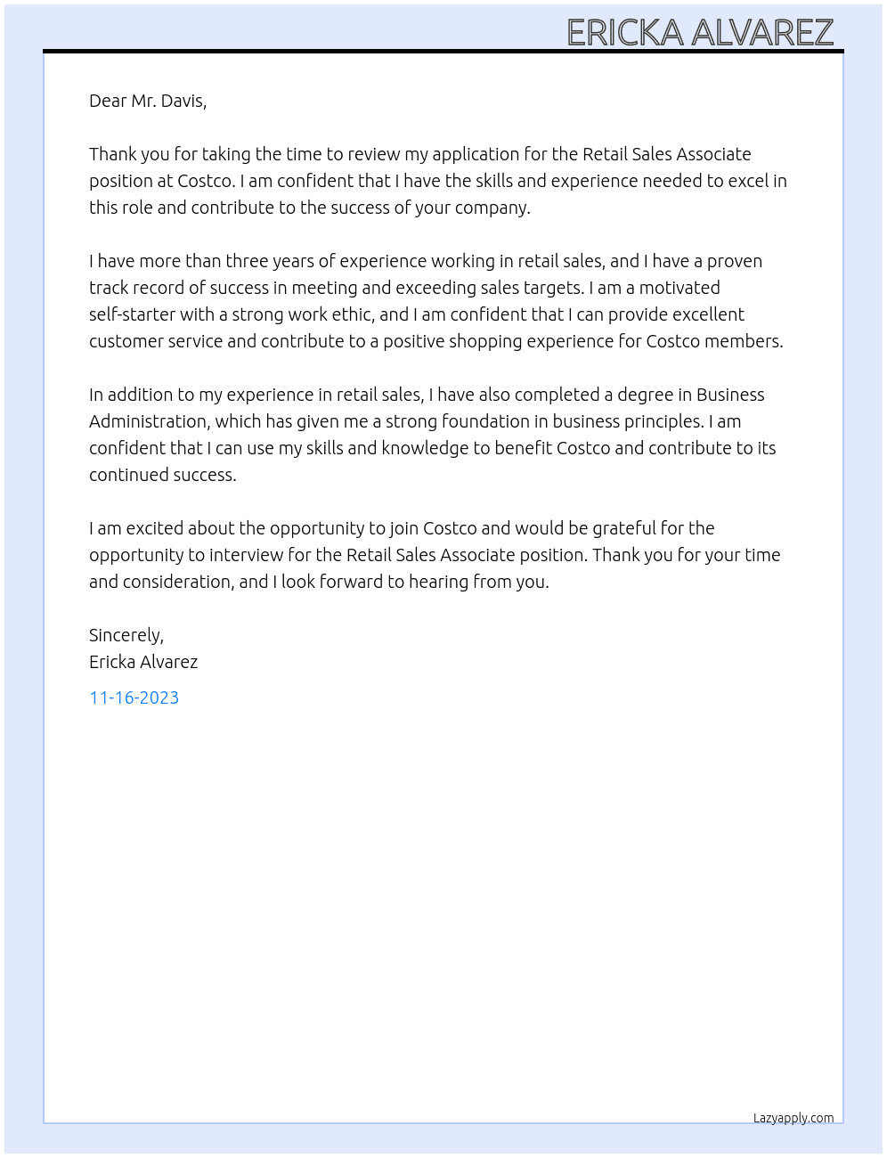 Retail sales associate  At Costco  Cover Letter
