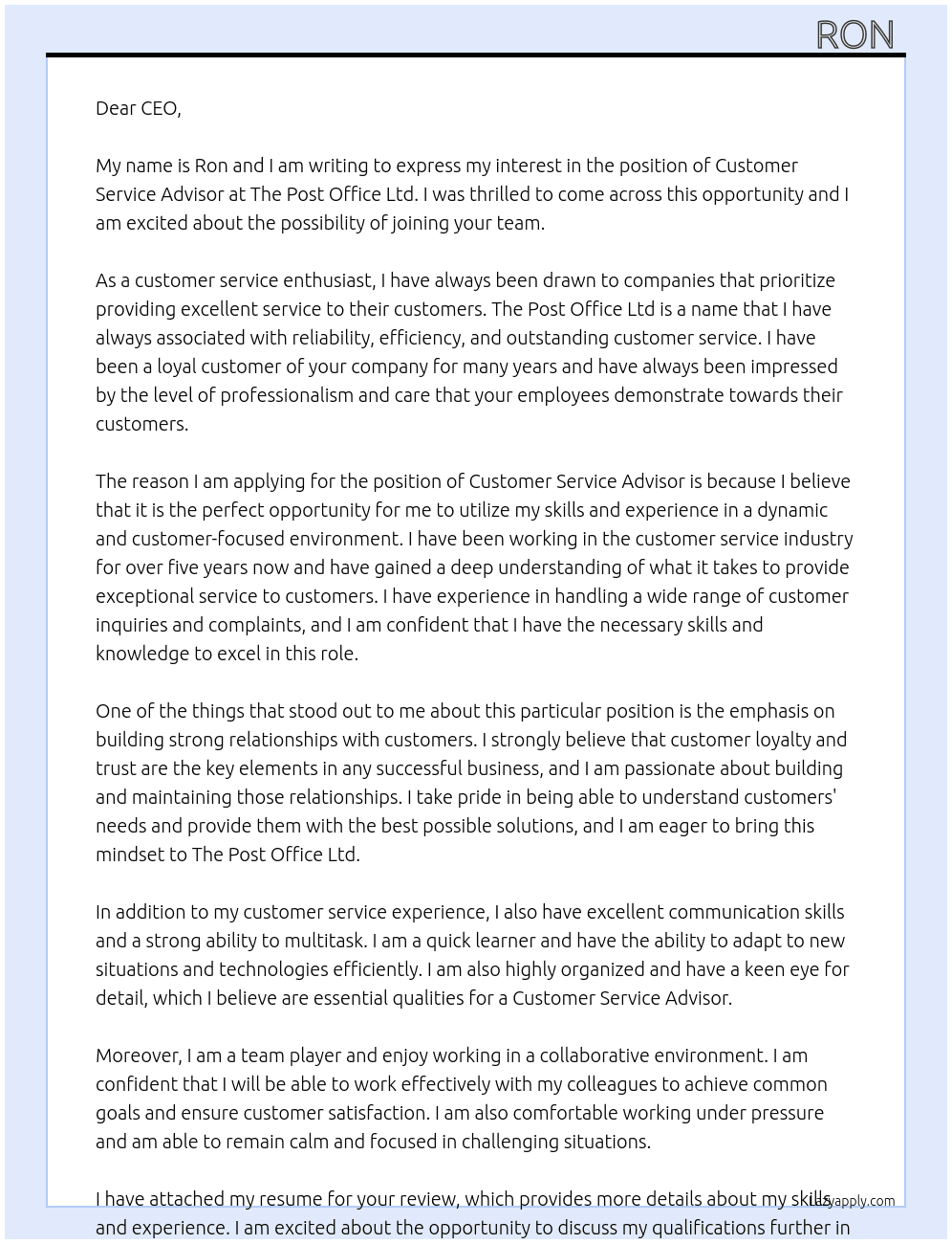 Customer service advisor  At The post office Ltd  Cover Letter
