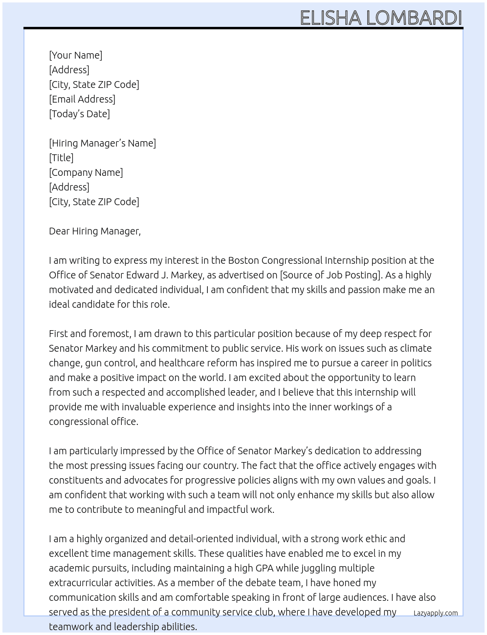 Boston Congressional Internship At Office of Senator Edward J. Markey Cover Letter