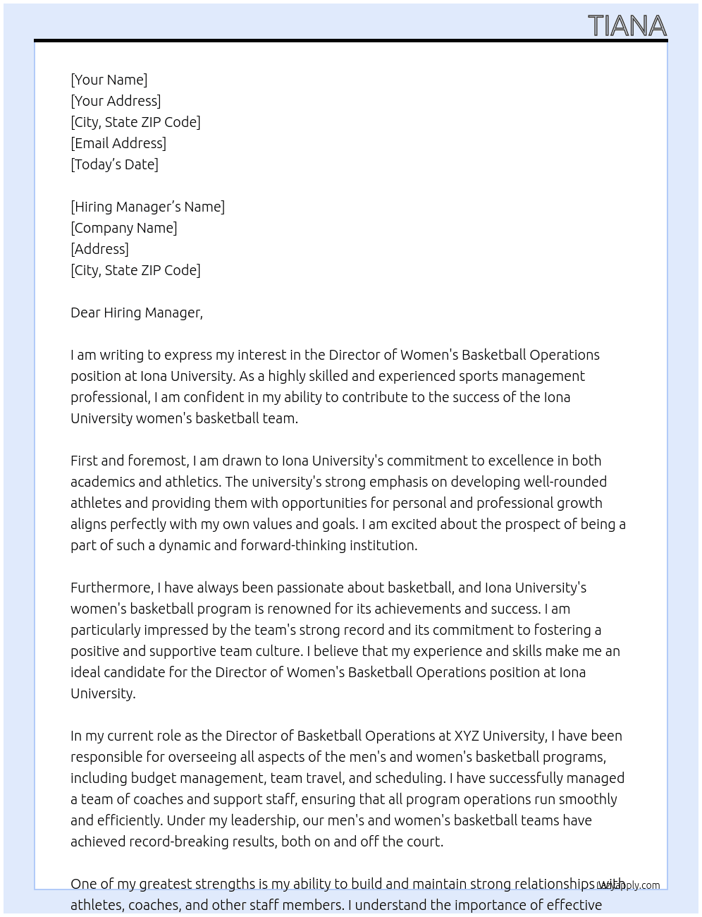 Director of Women's Basketball Operations At Iona University Cover Letter