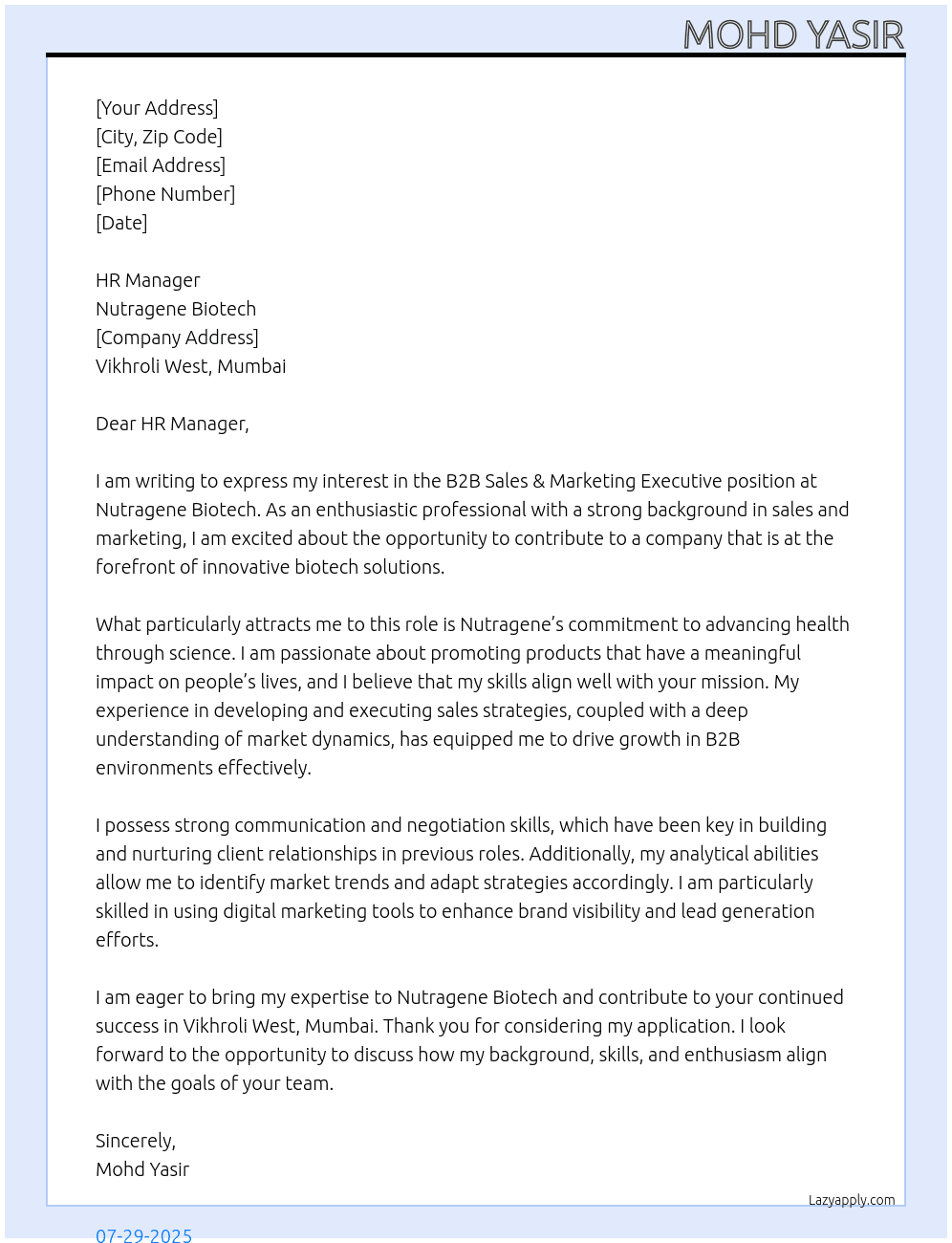 B2B Sales & Marketing Executive At Nutragene Biotech Cover Letter