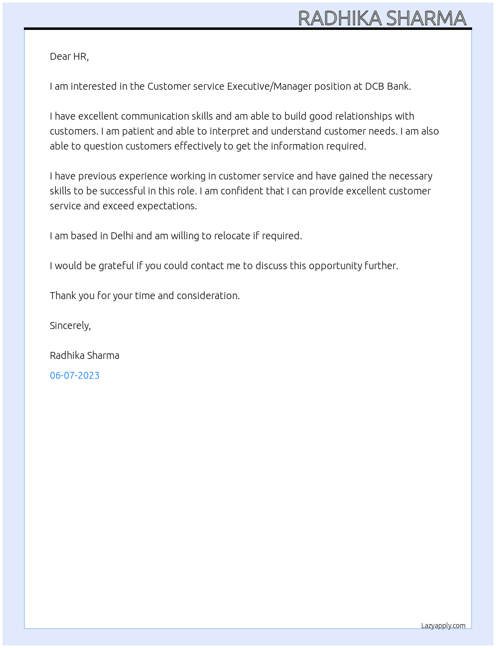 Customer service Executive/Manager  At DCB Bank Cover Letter