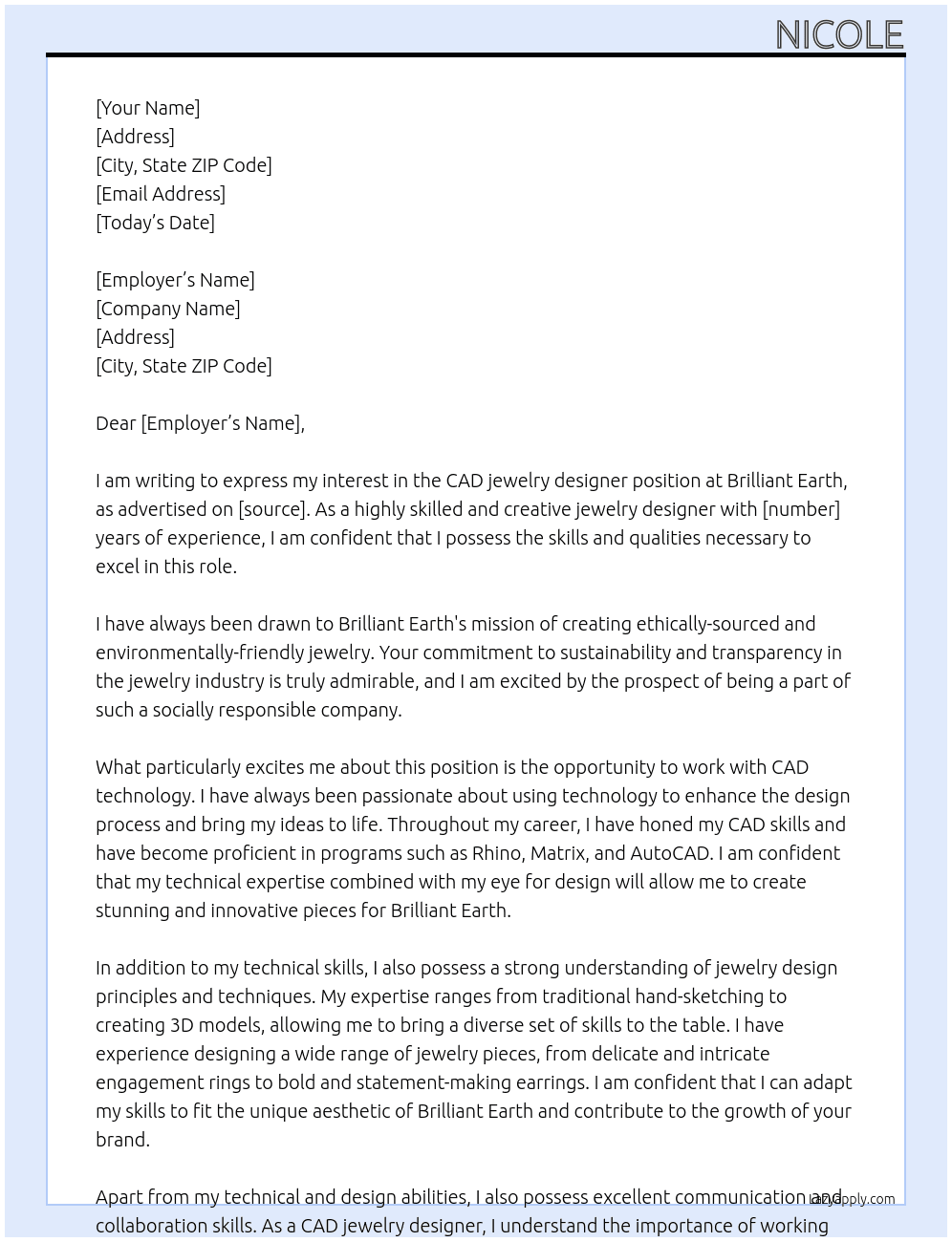 CAD jewelry designer At Brilliant Earth Cover Letter