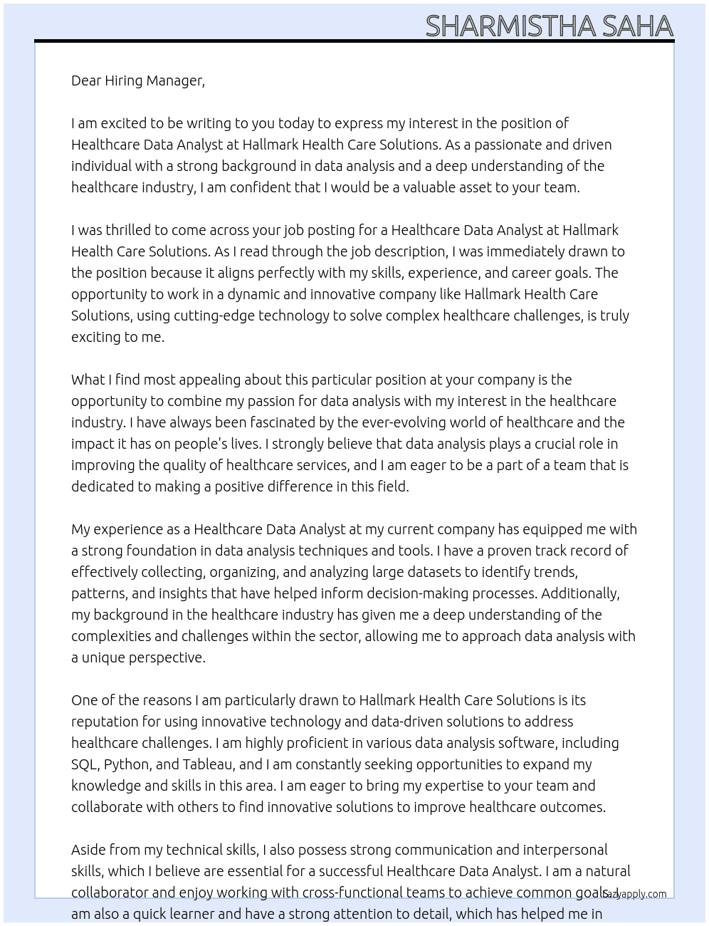 Healthcare Data Analyst At Hallmark Health Care Solutions  Cover Letter