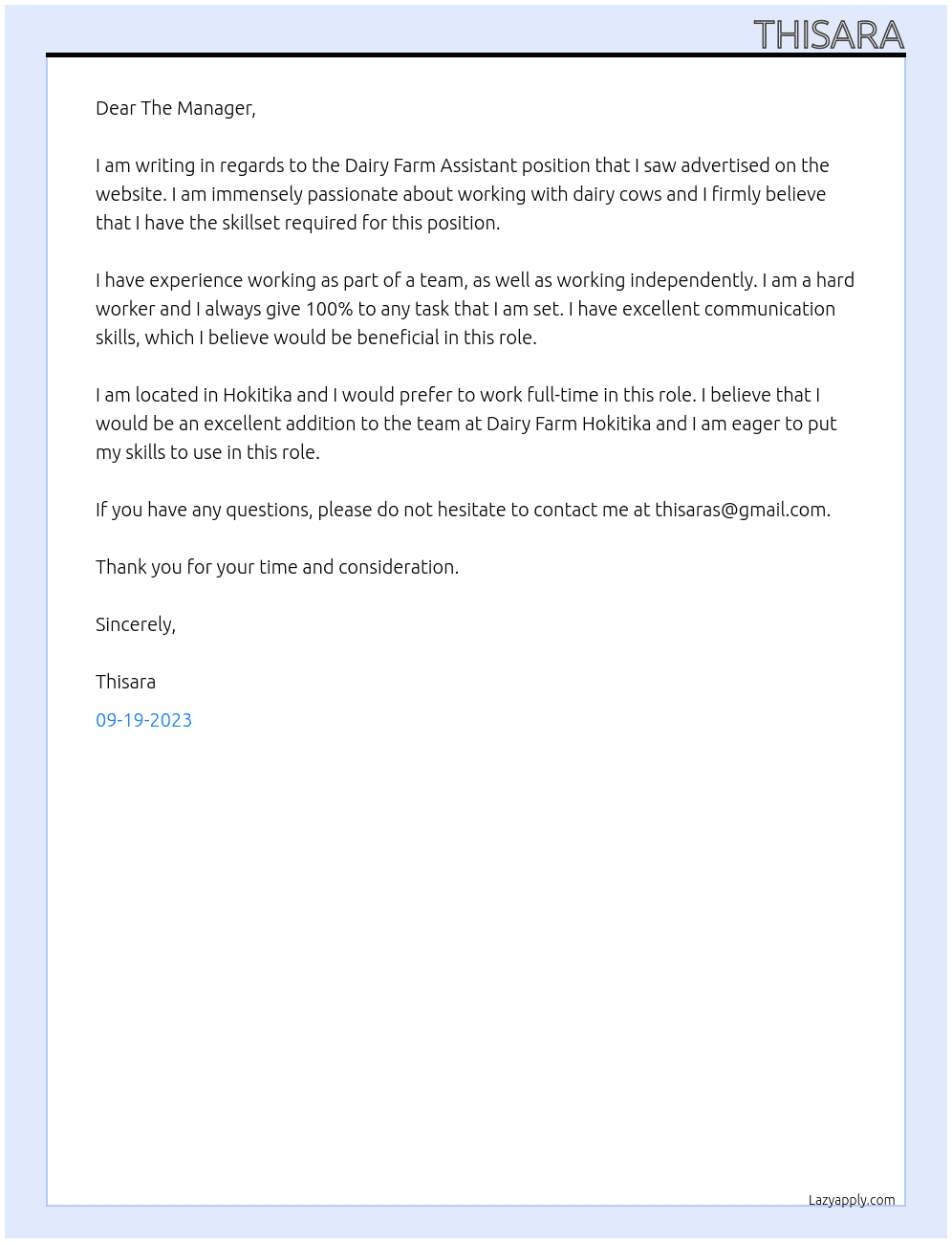 Dairy farm assistant At Dairy Farm Hokitika Cover Letter
