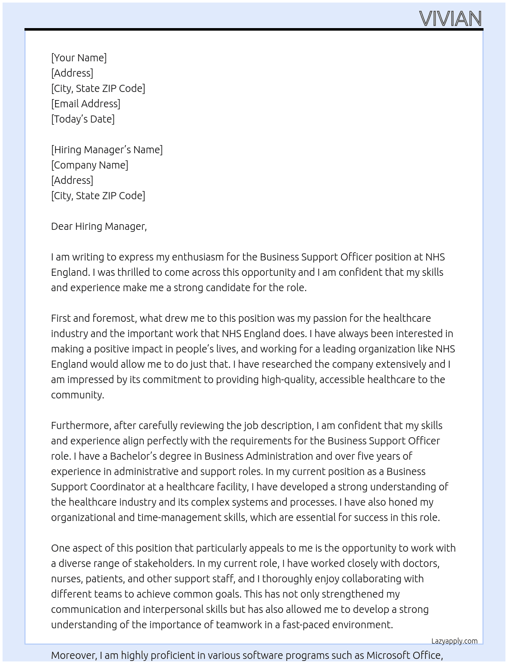Business Support Oficer At NHS england Cover Letter