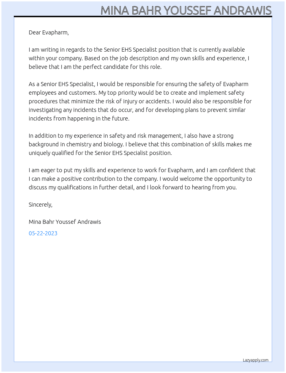 Senior EHS specialist At Evapharm  Cover Letter