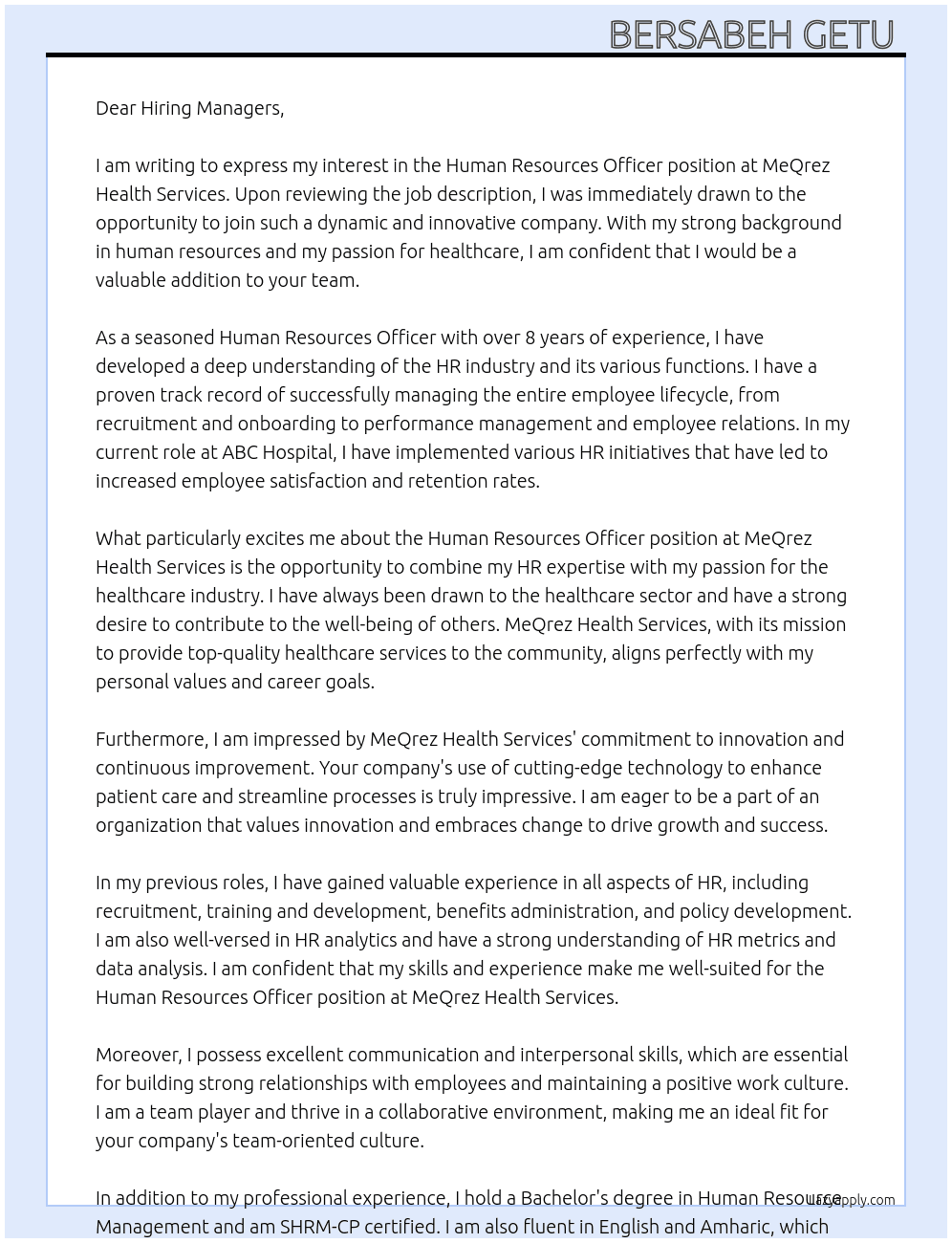 Human Resources Officer At MeQrez Health Services Cover Letter