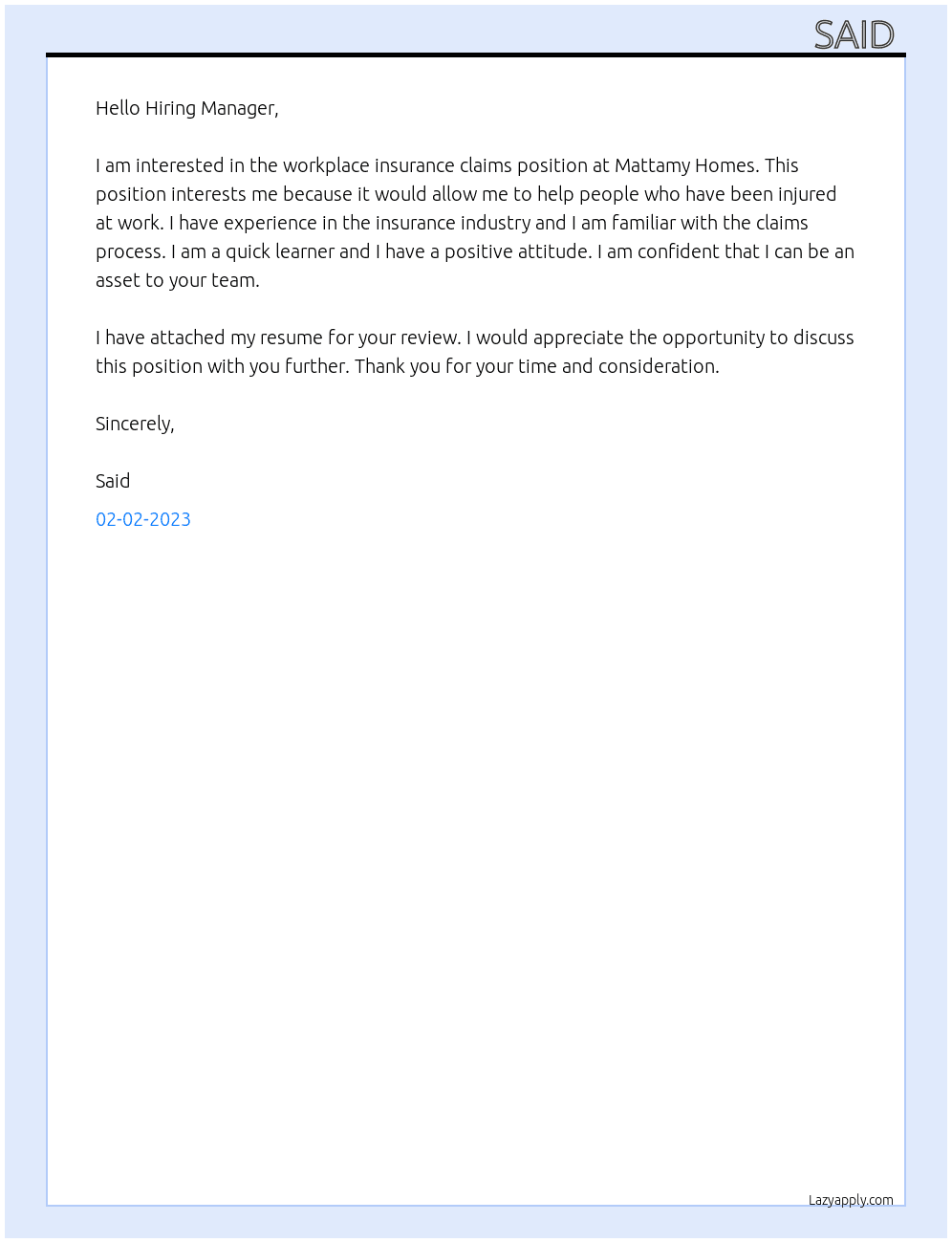 Cover letter for workplace insurance claims - LazyApply
