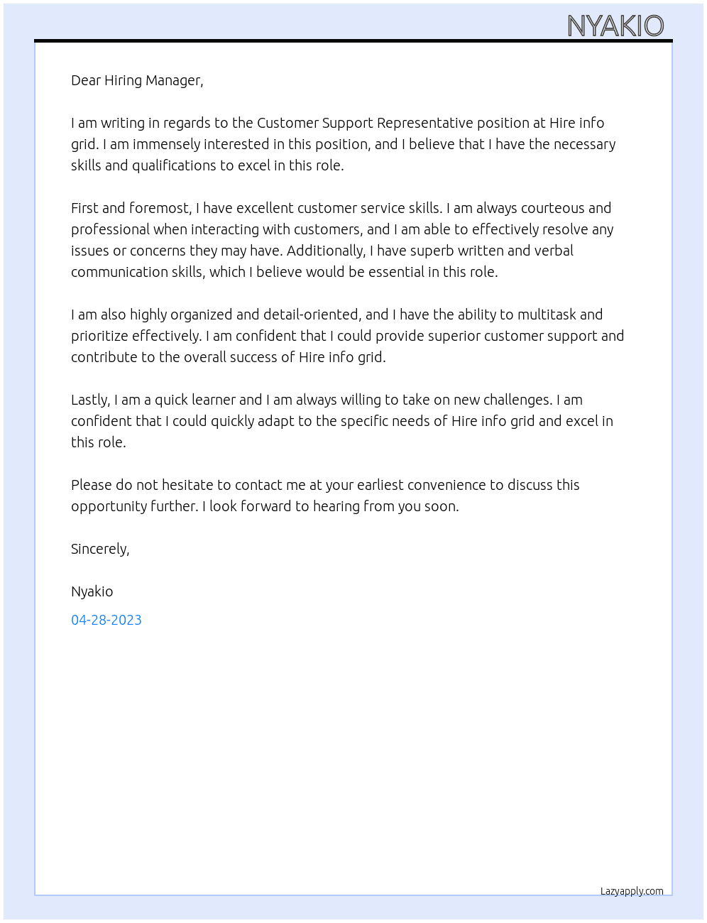 Customer support representative  At Hire info grid Cover Letter
