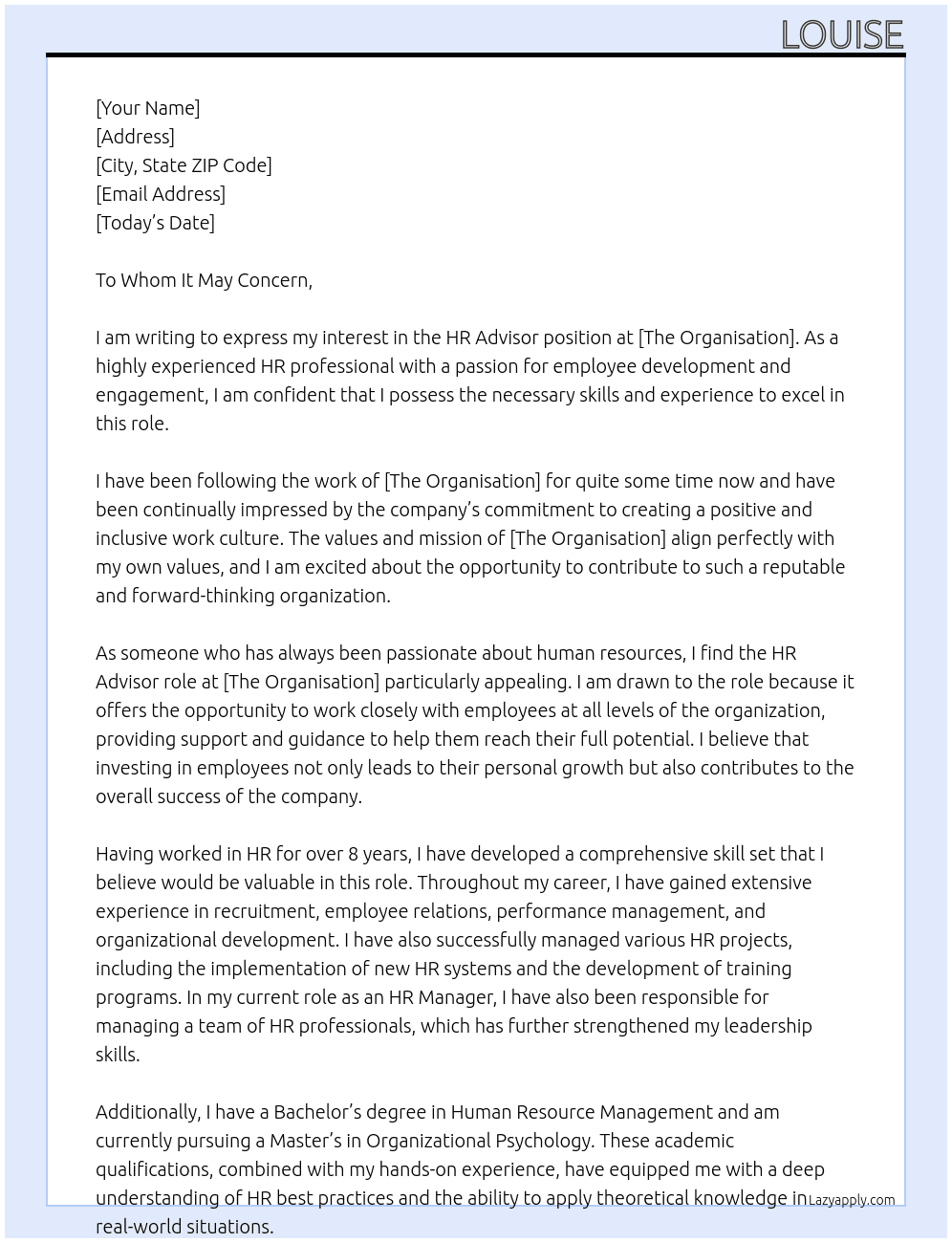 HR Advisor At the organisation Cover Letter