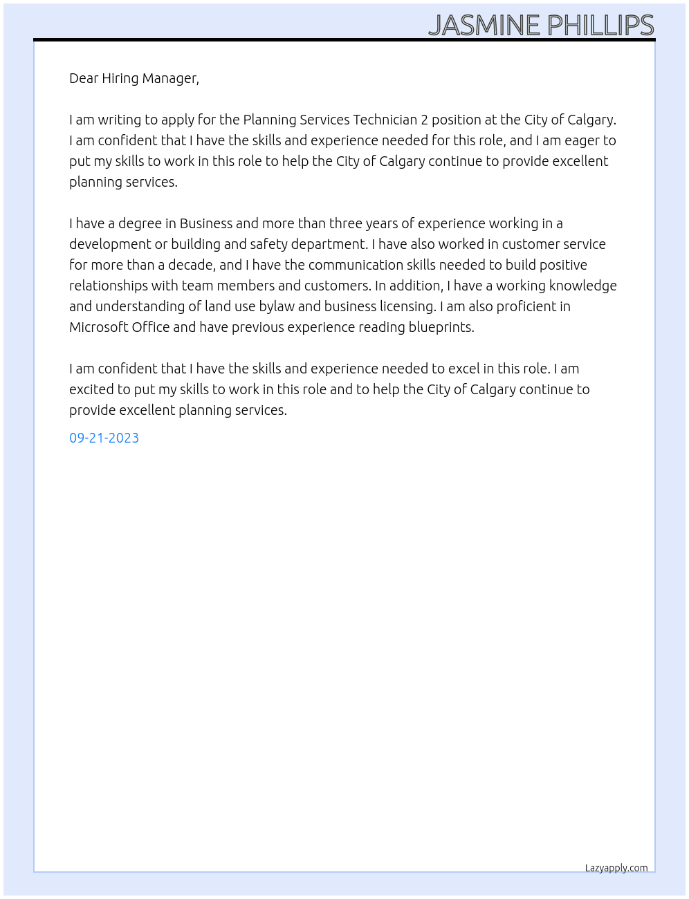 Planning Services Technician 2 At City of Calgary Cover Letter