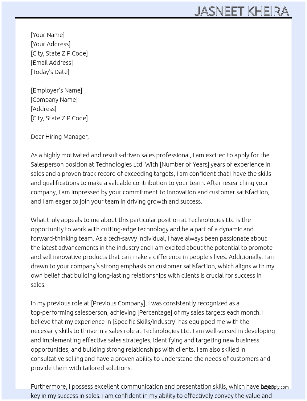 Salesperson  At Technologies Ltd  Cover Letter