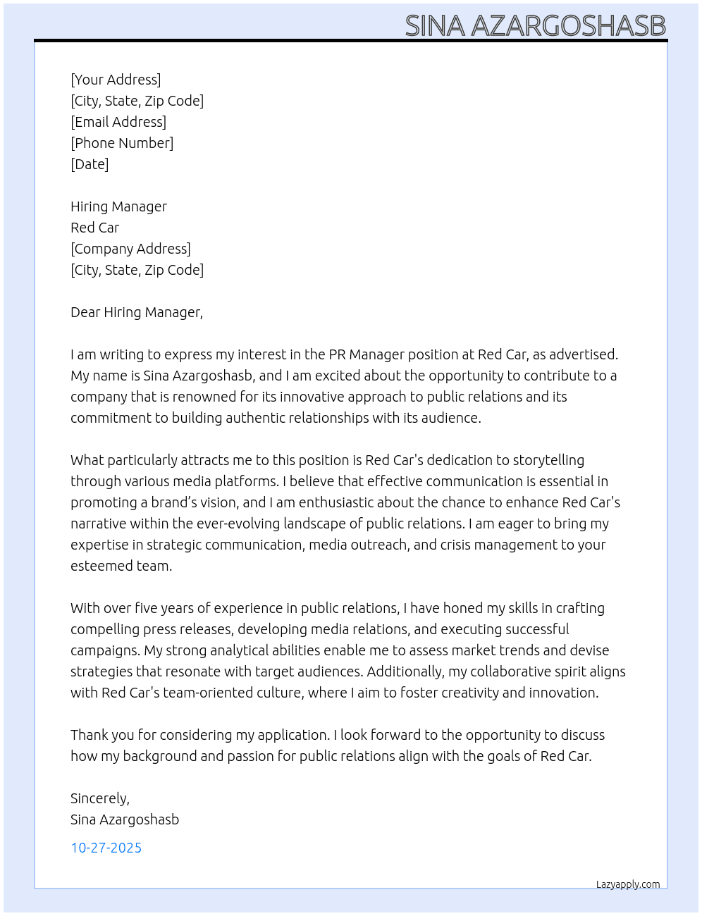 PR Maneger At Red Car Cover Letter